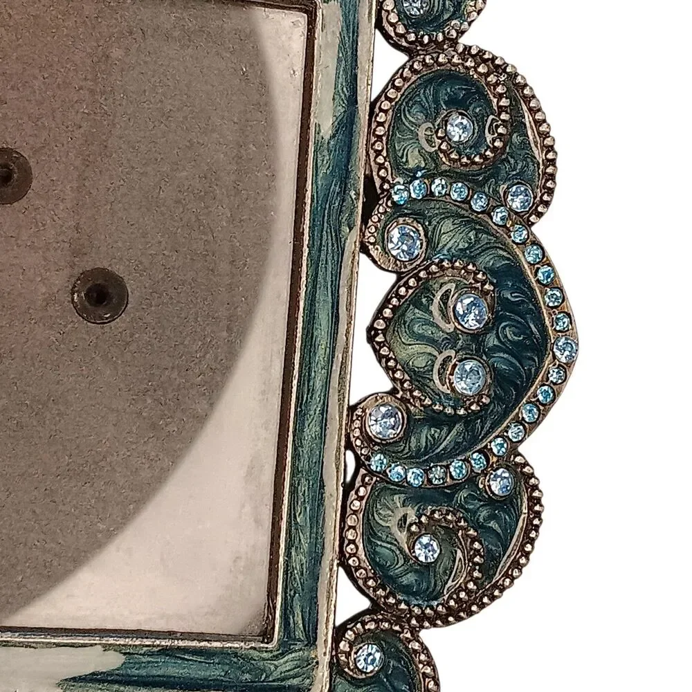 Blue & Green Enamel Swirl & Blue Rhinestones Square Miniature Photo Frame 4.5